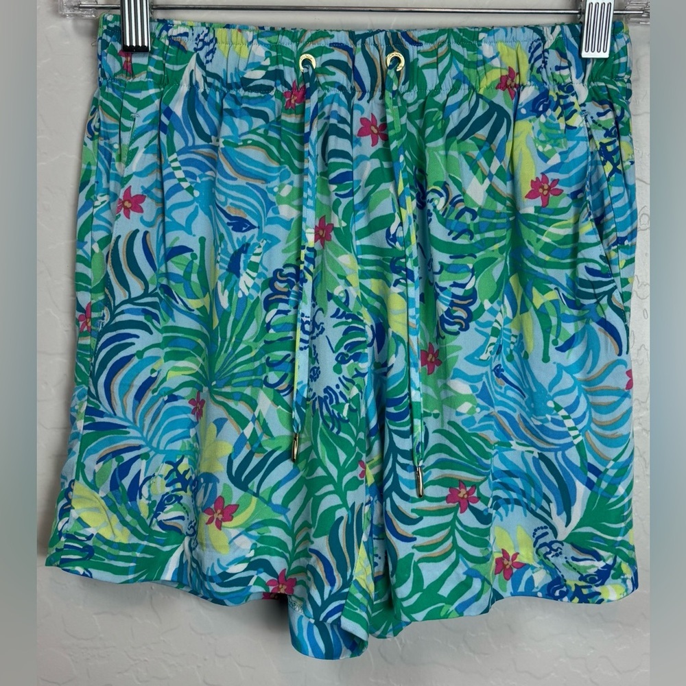 Lilly Pulitzer Ocean Blue Green Tropical‎ Tiger Print Drawstring Shorts XXS 1061